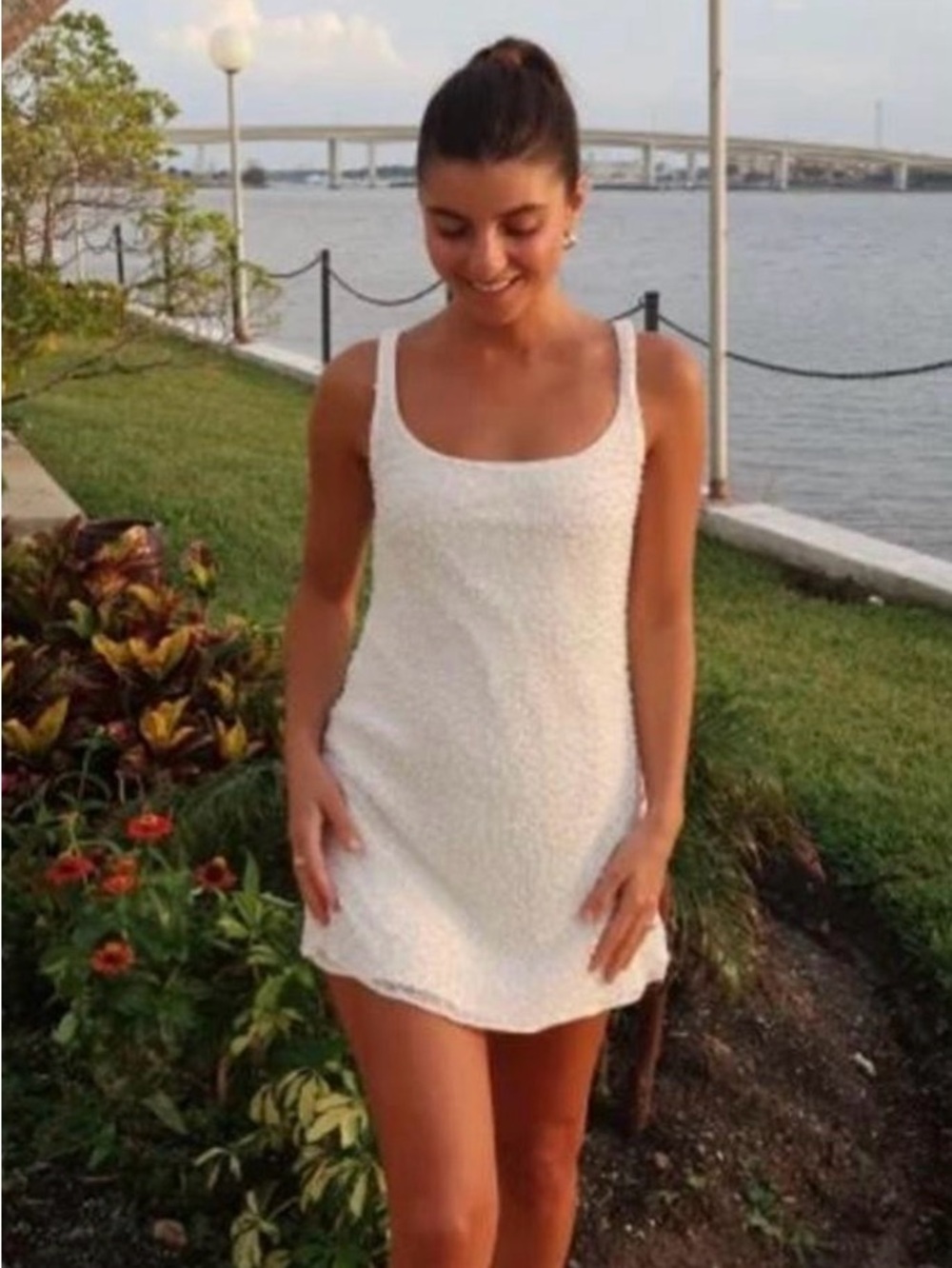 Women’s White Textured Bead Embellished Tank Mini Dress